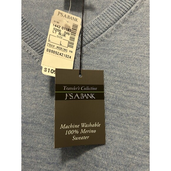 New Jos.A.Bank Size Large Soft 100% Merino Wool V-Neck Sweater Light Blue Preppy - Picture 4 of 5